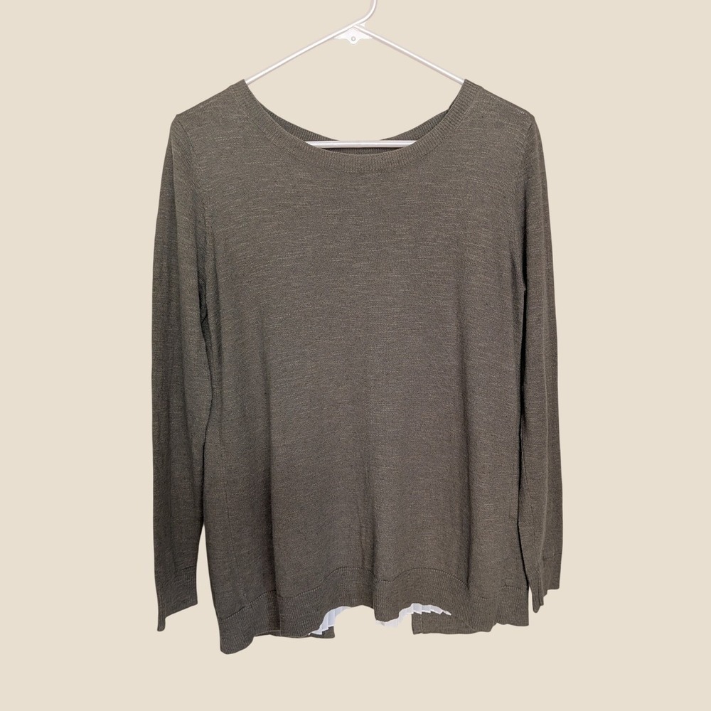 Sandro Paris Olive Green Cotton Linen Pleated Lace Up Back Sweater Medium